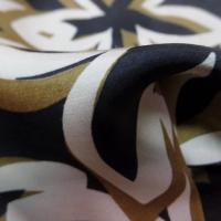 Tissu Viscose marron imprimé grosse fleurs écrue et doré