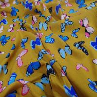 Viscose moutarde fine imprime papillon bleu et rose08