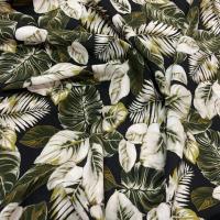 tissu viscose noire imprimé feuillage, vert et blanc