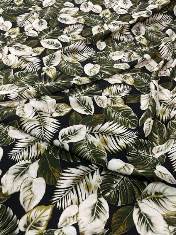 Viscose noire imprime feuillage vert et blanc