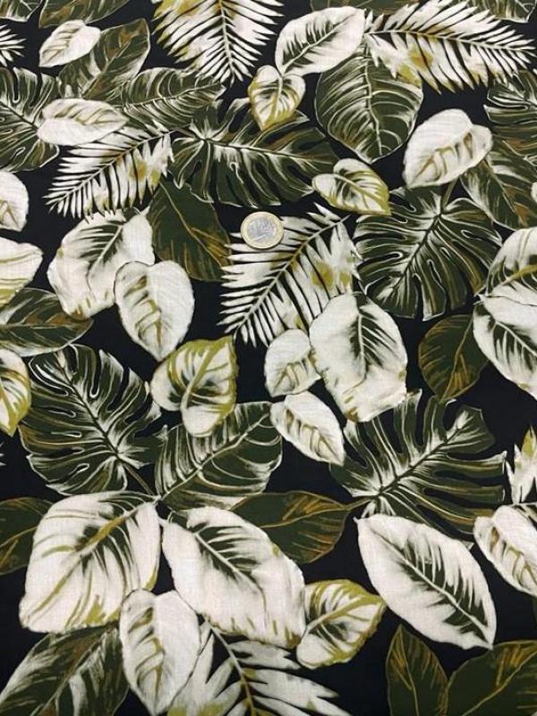 Viscose noire imprime feuillage vert et blanc