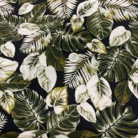 tissu viscose noire imprimé feuillage, vert et blanc pas cher