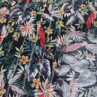 tissu Viscose noire imprimé perroquet a bandes lurex doré