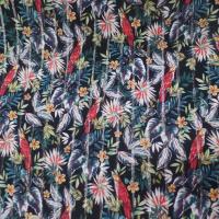 Viscose noire imprimé perroquet a bandes lurex doré