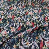 tissu Viscose noire imprimé tropicaux perroquet