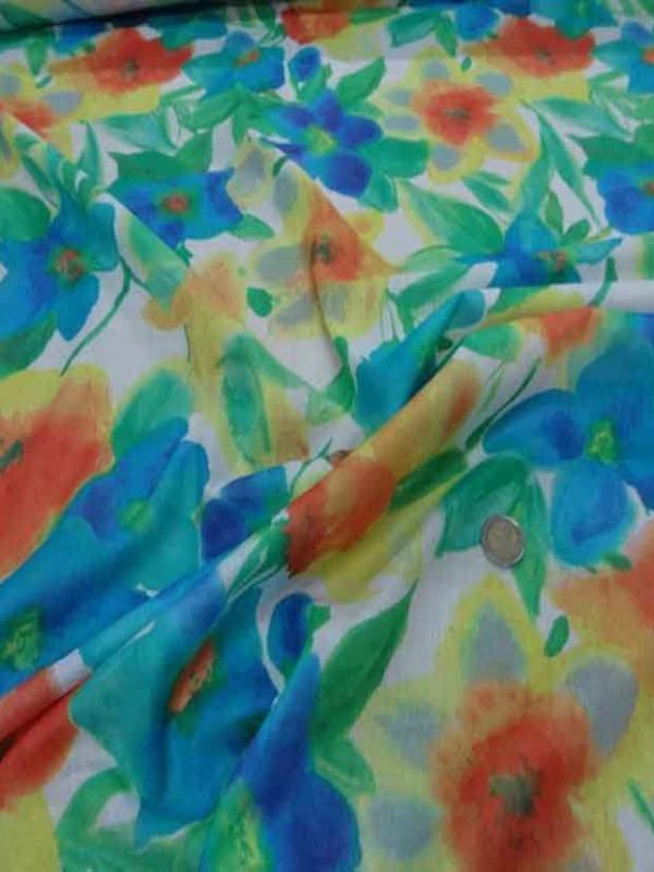 Achat voile coton soie blanc imprimé fleurs ,bleu ,jaune ,orange