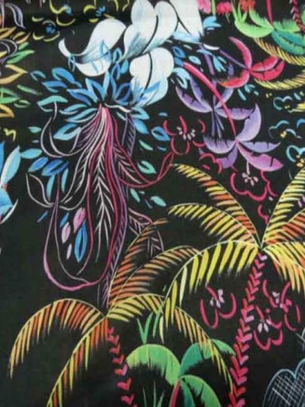 Voile coton soie noir imprime palmier multicolore