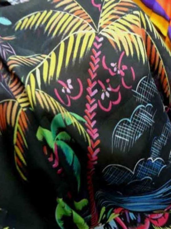 Voile coton soie noir imprime palmier multicolore