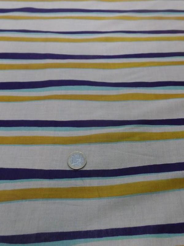 Voile de coton blanc a rayures ton bleu marine et safran