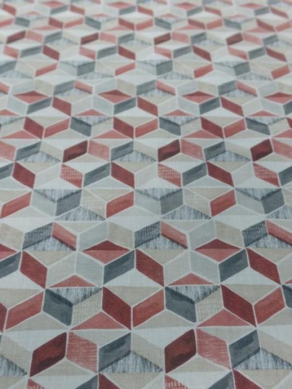 Voile de coton blanc imprime forme geometrique ton de beige bordeaux gris