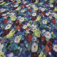 Achat Voile de coton soie sur fond bleu imprimé fleurs