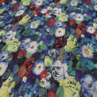 Tissu Voile de coton soie sur fond bleu imprimé fleurs