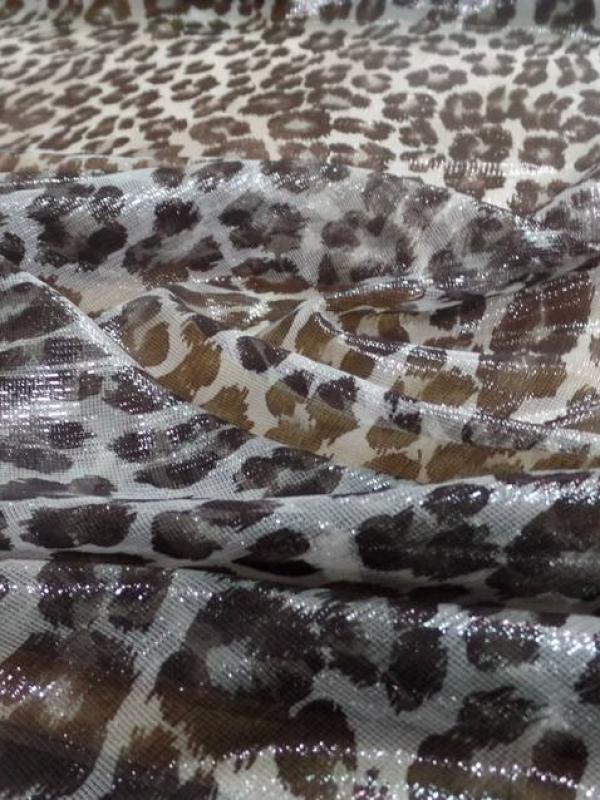 Voile de soie blanc brillant imprime fauve marron