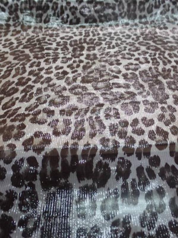 Voile de soie blanc brillant imprime fauve marron
