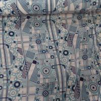 Voile de soie imprime retro ton blanc et bleu