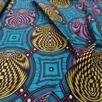 vente de tissu wax bleu turquoise imprimé jaune ,marron et lavande