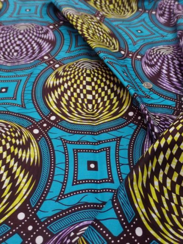 Wax bleu turquoise imprime jaune marron et lavande